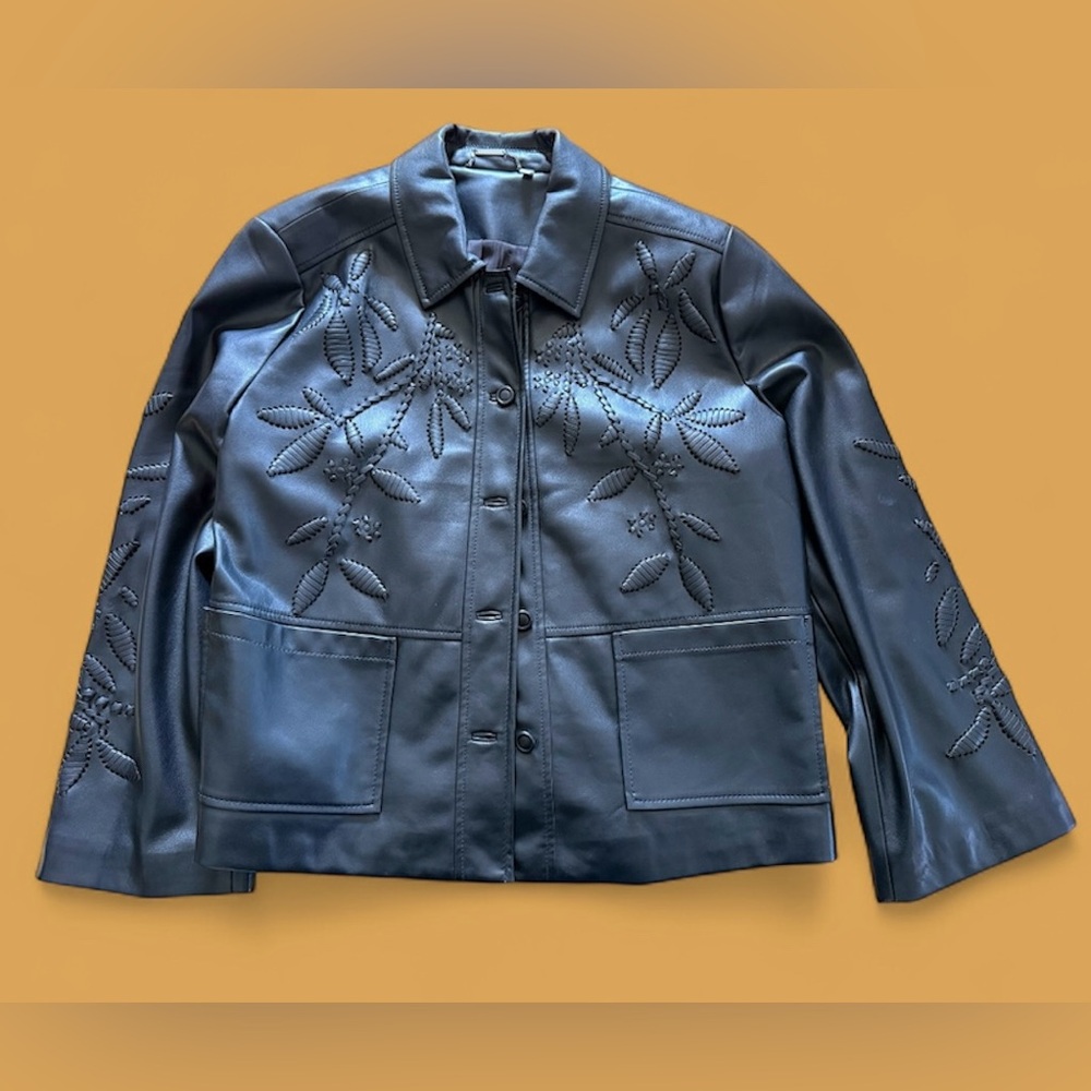 Chico's Black Leather Jacket with Leaf Embroidery